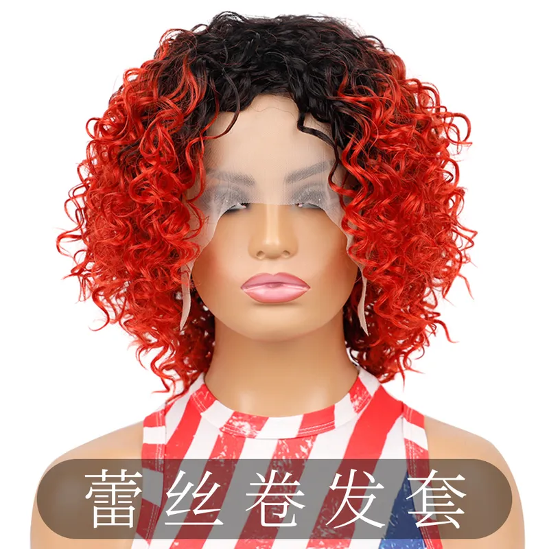 化纤前蕾丝假发头套 黑色渐变大红非洲女士短款deep卷假发头套