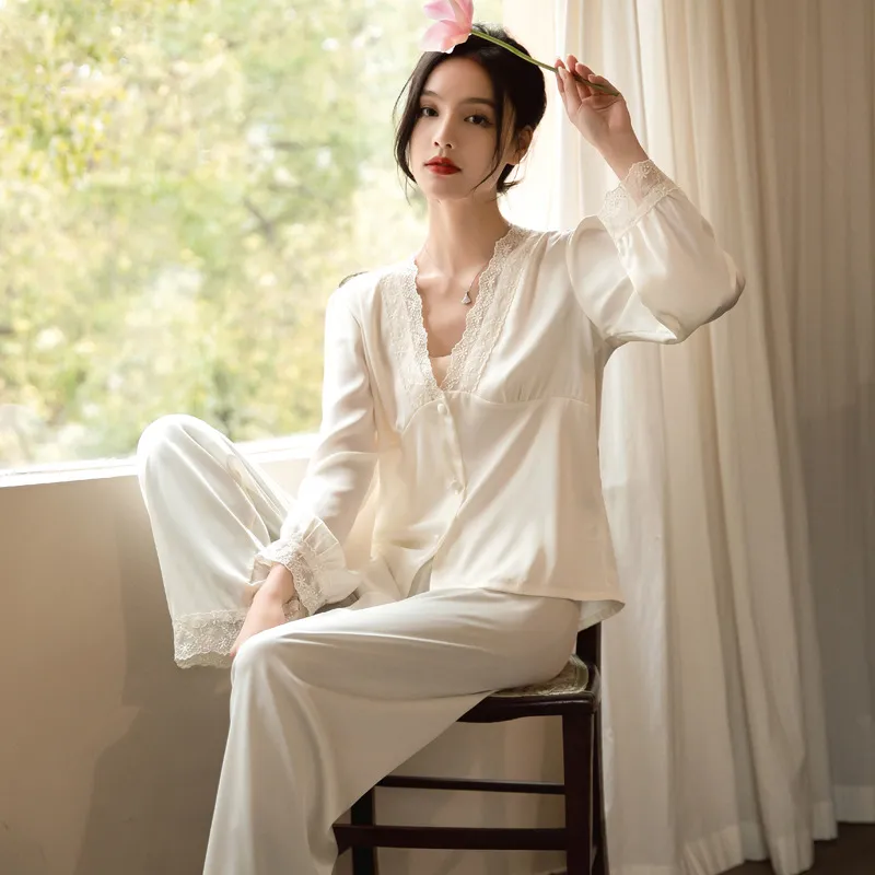 春秋季女士冰丝薄款丝绸睡衣长袖套装韩版性感家居简约休闲