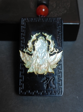 白鹤童子螺钿贝壳镶嵌黑檀木雕刻吊坠项链挂件男女款饰品礼物