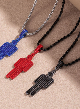 创意BillieEilish碧梨同款歪头小人嘻哈说唱街头风镶钻项链吊坠