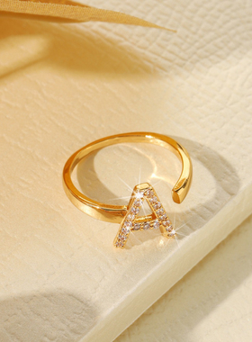 欧美跨境出口时尚26个英文字母开口戒指个性简约镶锆石可调节指环