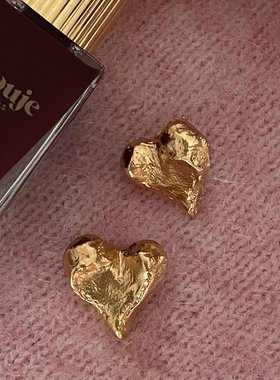 ins博主fever同款耳钉小众设计手工纹理欧美百搭爱心18K镀金耳环