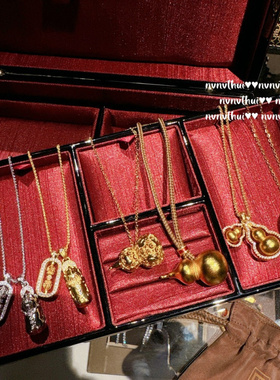 古法金色掐丝錾雕双葫芦韦雪同款项链新中式 金坨锤揲蝴蝶吊坠链