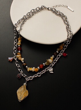 双层叠戴天然虎石水晶串珠项链女许愿石金属链条民族风重工颈链