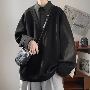 美式重磅亨利领polo衫卫衣男秋冬设计感高级假两件V领内搭长袖t恤