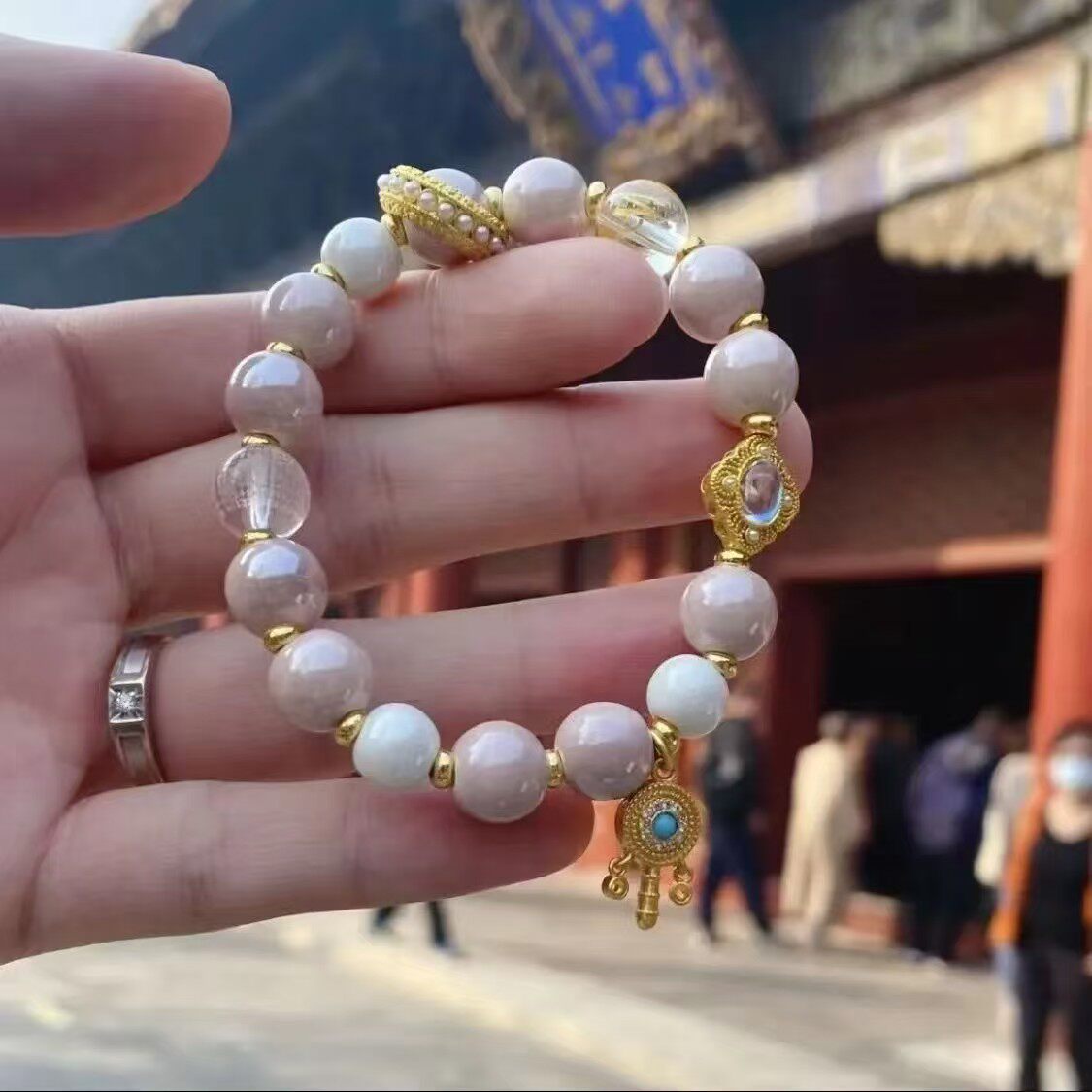 香灰粉白瓷珠白心经跑环转运珠女手链琉璃金箔寺庙民族风手串