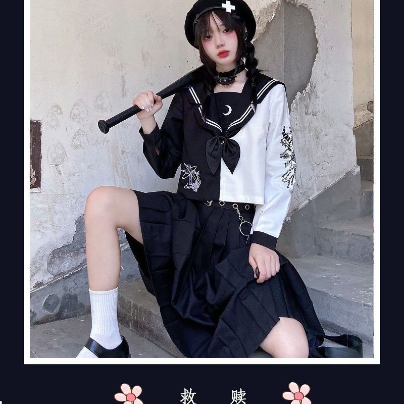 【暗夜使者】正品原创黑暗不良刺绣jk制服夏季长袖套装暗黑系爆款