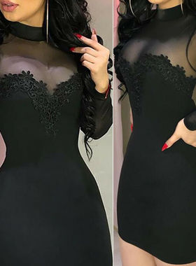 Sexy mesh patchwork perspective dress 性感网纱拼接透视连衣裙