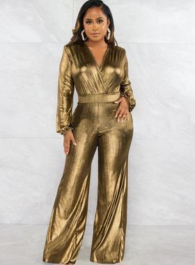 Sexy V-neck hot gold and silver jumpsui性感V领烫金银连体裤