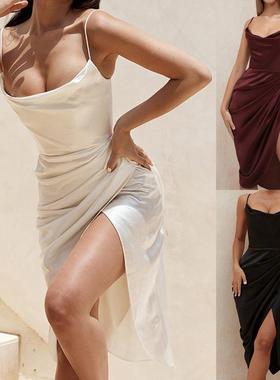 Slim temperament sexy sling slit skirt修身气质性感吊带开叉裙