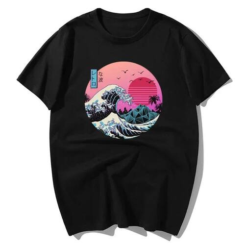 Fashionable 3D Wave Printed T-shirt时尚3d海浪印花宽松T恤男士