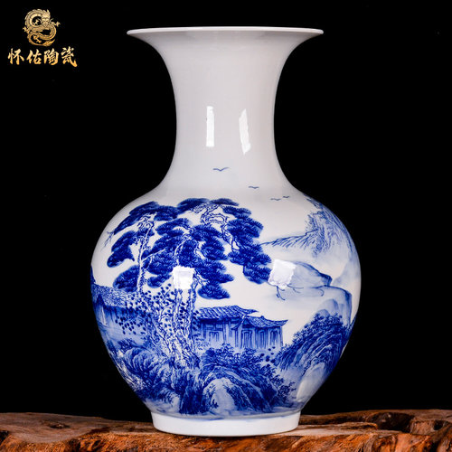 景德镇陶瓷器手绘山水青花瓷花瓶摆件客厅博古架插花仿古中式装饰