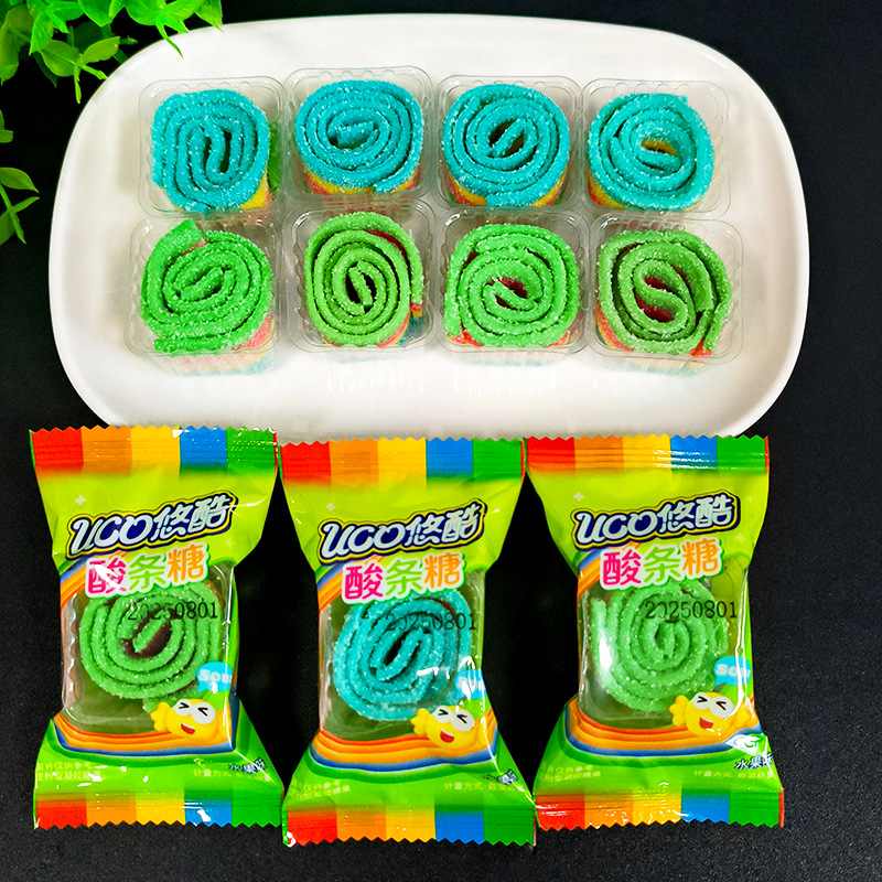 悠酷酸条糖水果味彩虹糖长条橡皮糖酸甜酸果条儿童休闲小零食散装