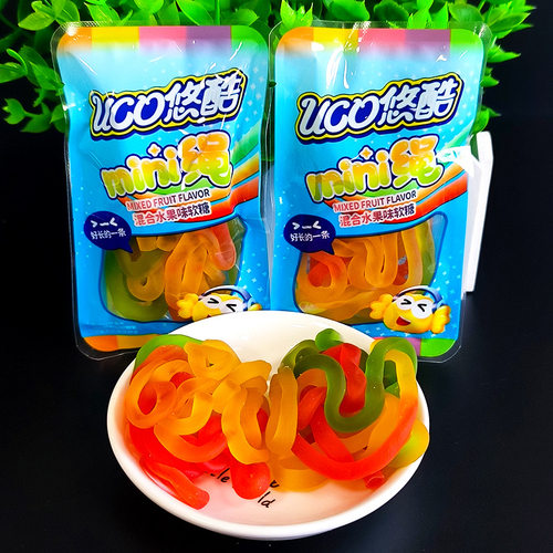 悠酷酸块糖mini绳水果味混合糖长条橡皮糖酸甜儿童休闲小零食散装