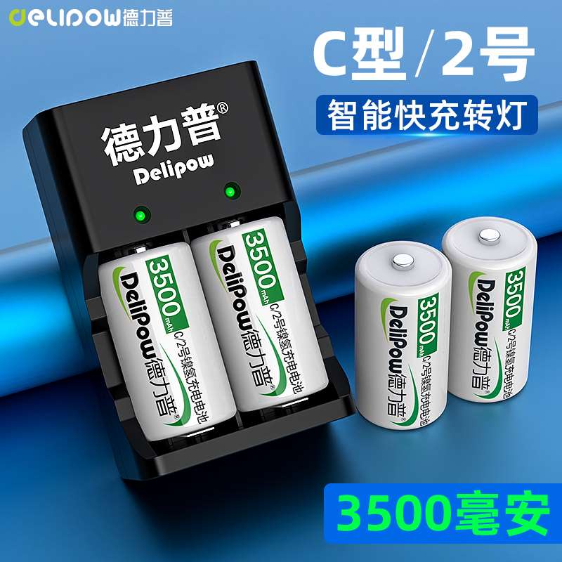 德力普充电电池2号充电器套装大容量1.2v镍氢手电筒C型二号可充电