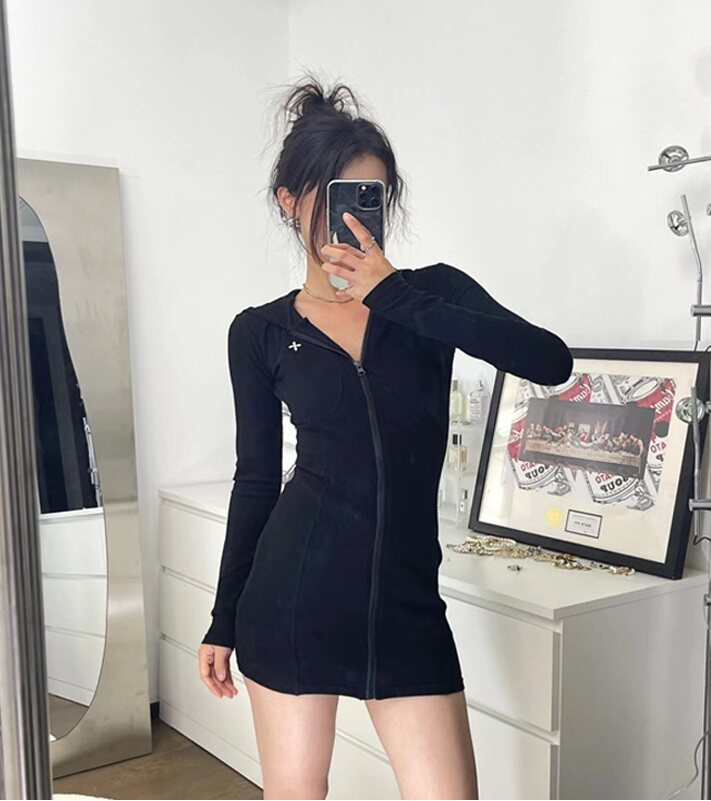 SMFK   夏季新款黑暗舞团连身裙女黑色连帽连衣裙包臀性感辣妹
