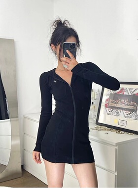 SMFK   夏季新款黑暗舞团连身裙女黑色连帽连衣裙包臀性感辣妹