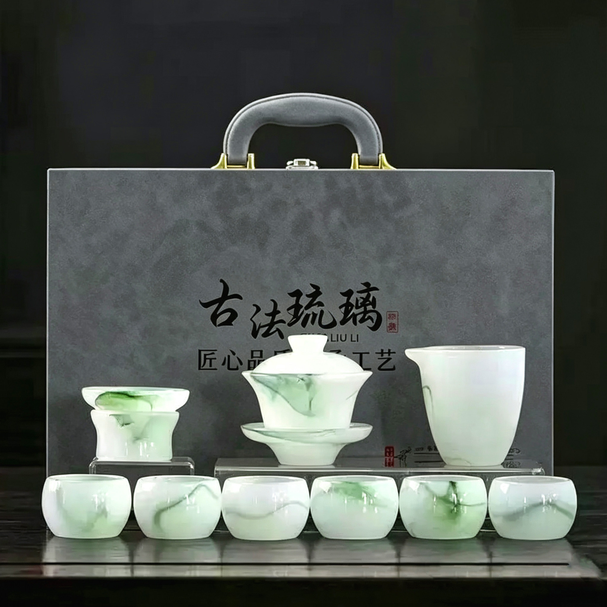 穆峰高档古法琉璃冰种玉石纹理功夫茶具套装家用泡茶壶茶杯整套