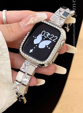 QALUO春夏新款小冰块金属表带适用apple watchS11/S10表带iwatch9苹果手表se876543代41/45mm高级清冷感小众