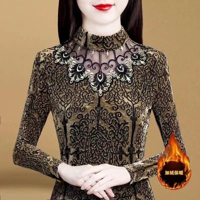 清仓捡漏亏本特价处理~半高领蕾丝加绒打底衫女长袖2023年秋冬季