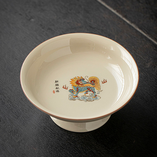草木灰陶瓷水果盘茶点盘高档精致办公室圆形家用 麒麟献瑞新中式