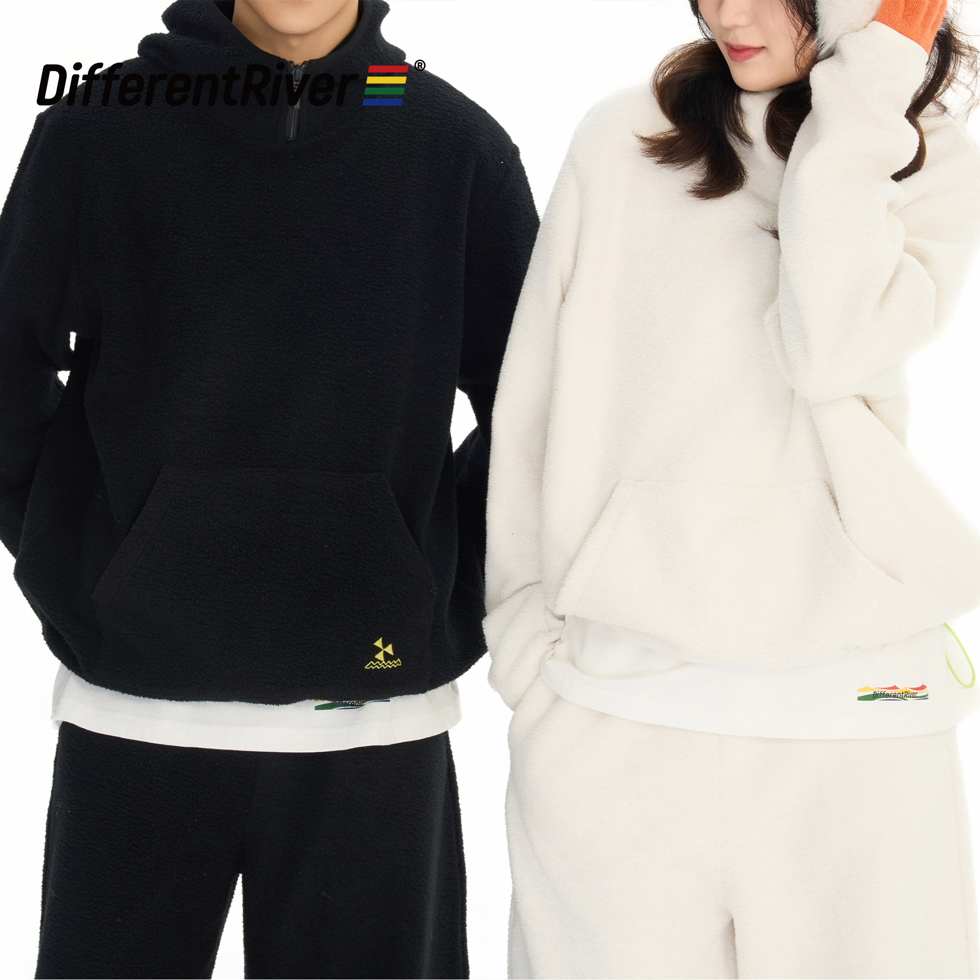 DifferentRiver2024春夏男女同款羊羔绒半拉链卫衣套装