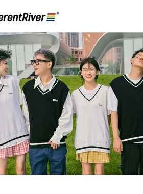 DifferentRiver秋冬学院风V领显瘦外穿百搭无袖毛衣背心毛针织衫