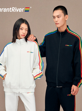 DifferentRiver2023秋冬季休闲百搭彩虹拉条立领外套
