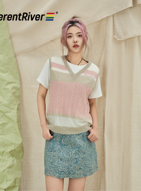 DifferentRiver2024春夏休闲V领针织叠穿宽松外穿毛线马甲背心