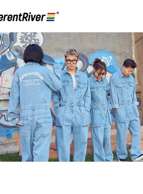 DifferentRiver秋冬水洗复古浅蓝色潮流男女同款棉质连体牛仔裤