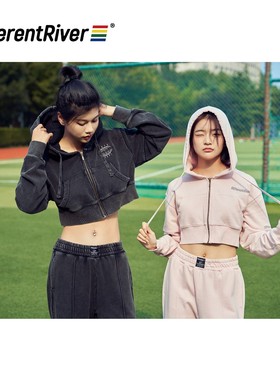 DifferentRiver秋冬派对女士水洗做旧短外套连帽粉色休闲运动套装