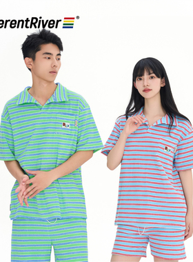 DifferentRiver2024春夏男女同款时尚条纹撞色毛巾布休闲套装