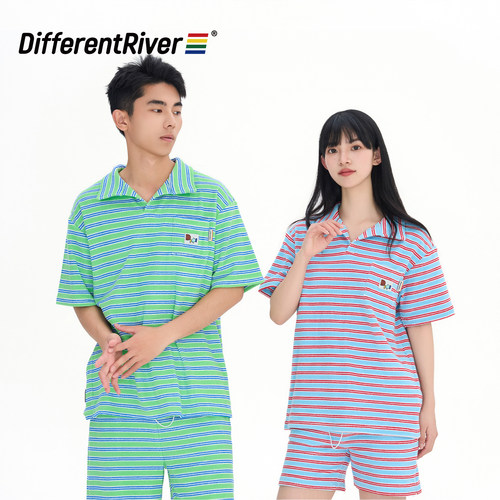 与川条纹撞色毛巾布休闲套装