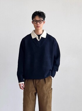 SIIIEND假两件V领翻领针织衫男慵懒高级感老钱宽松情侣毛衣外套