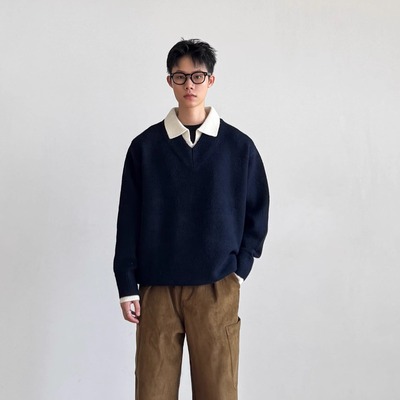 假两件V领翻领针织衫男