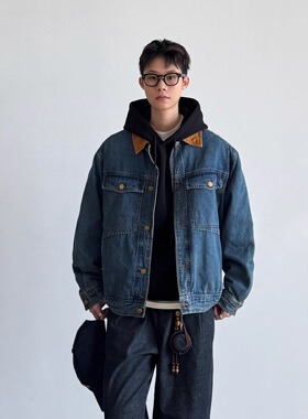 SIIIEND美式复古牛仔外套男秋拼接翻领日系宽松休闲教练夹克