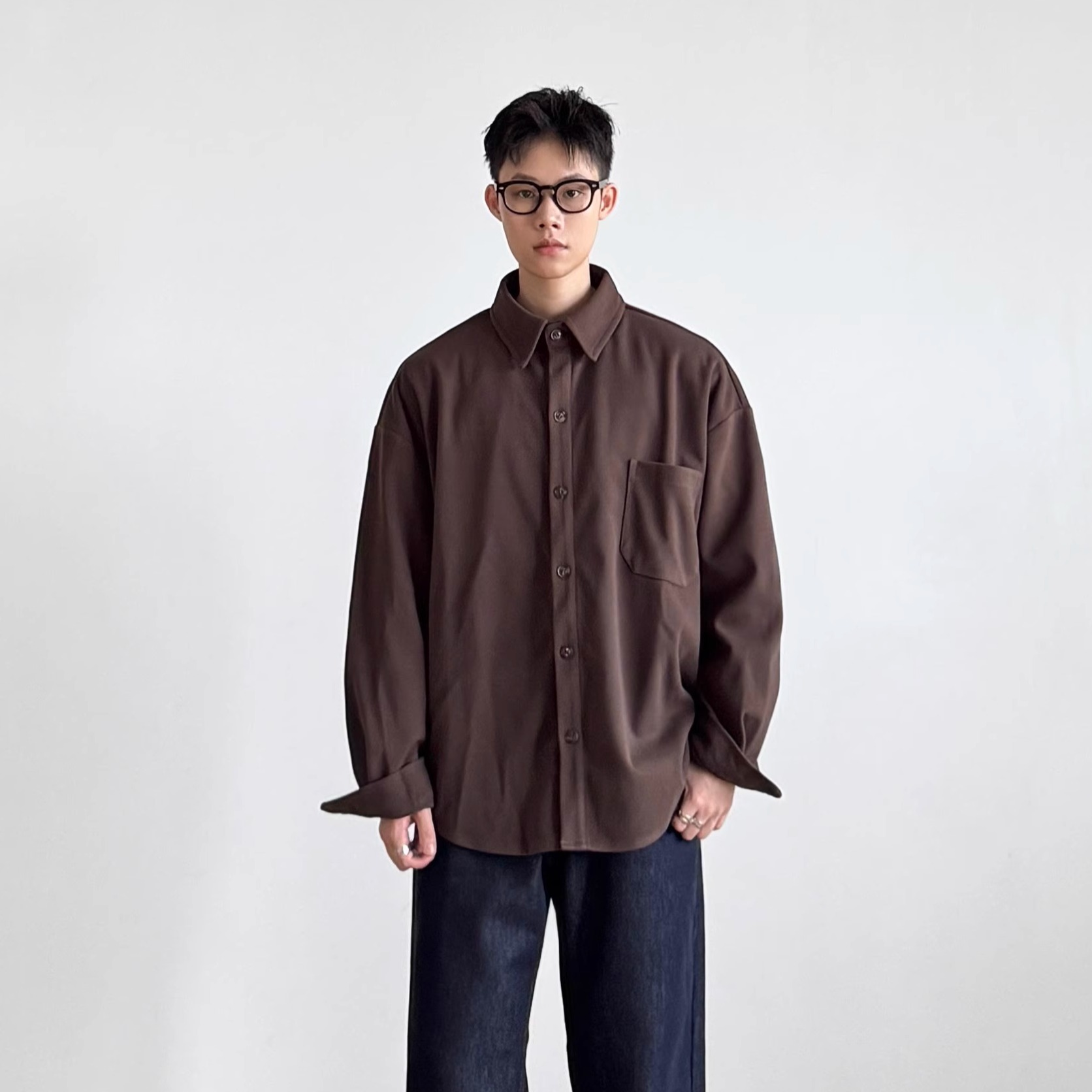 日系复古纯色衬衫男宽松休闲