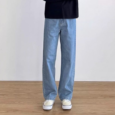 韩系复古水洗蓝宽松直筒牛仔裤男
