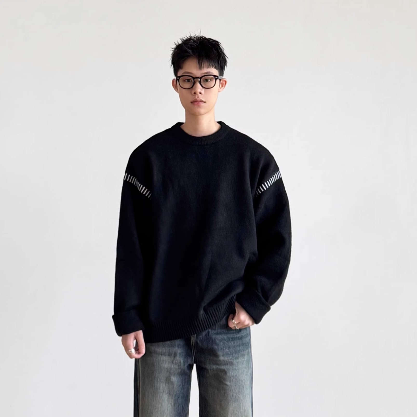 韩版慵懒风圆领卫衣男宽松休闲