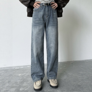 SIIIEND复古水洗松紧牛仔裤男秋季宽松百搭休闲猫须直筒阔腿长裤