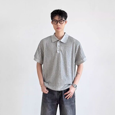 老钱风绞花针织短袖POLO衫男