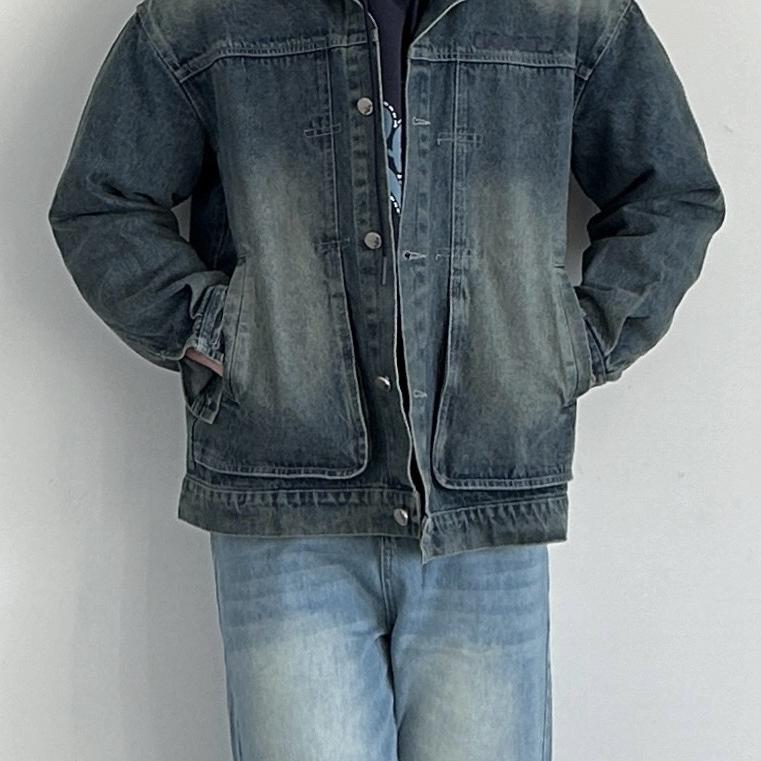 siiiend美式复古水洗做旧牛仔外套男宽松休闲翻领夹克上衣春秋季