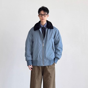 SIIIEND简约中性风毛领拼接翻领羽绒服男短款蓝色高级感保暖外套