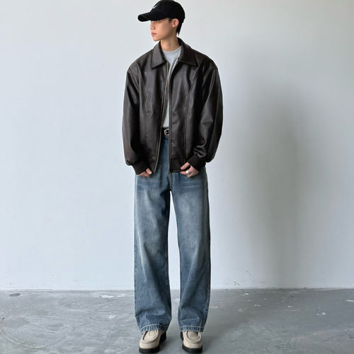 美式做旧Clean短款皮衣外套