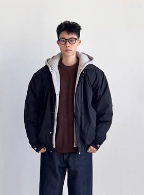 SIIIEND日系学院风假两件连帽羽绒服男短款黑色加厚保暖外套冬季