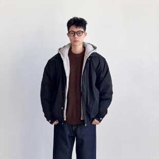 SIIIEND日系学院风假两件连帽羽绒服男短款黑色加厚保暖外套冬季