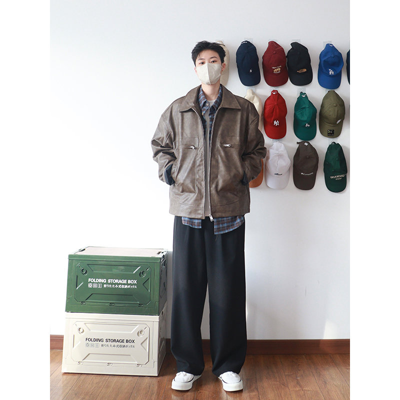siiiend 美式复古翻领机车质感皮衣高级百搭宽松水洗夹克外套男潮