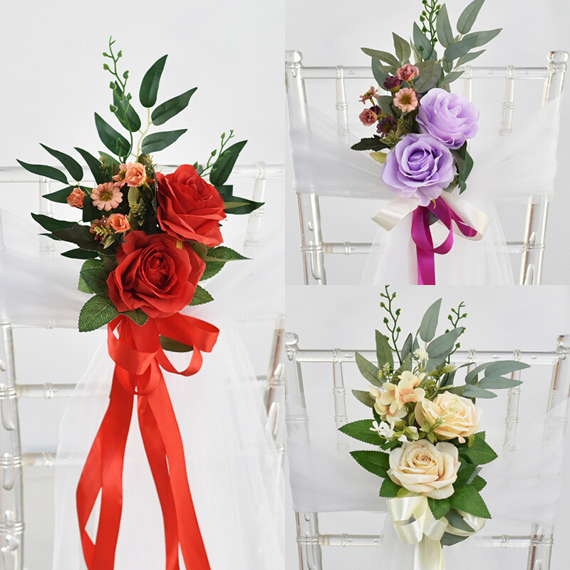 Chair Artificial Flower Rose Bouquet Sashes Knot Cover For