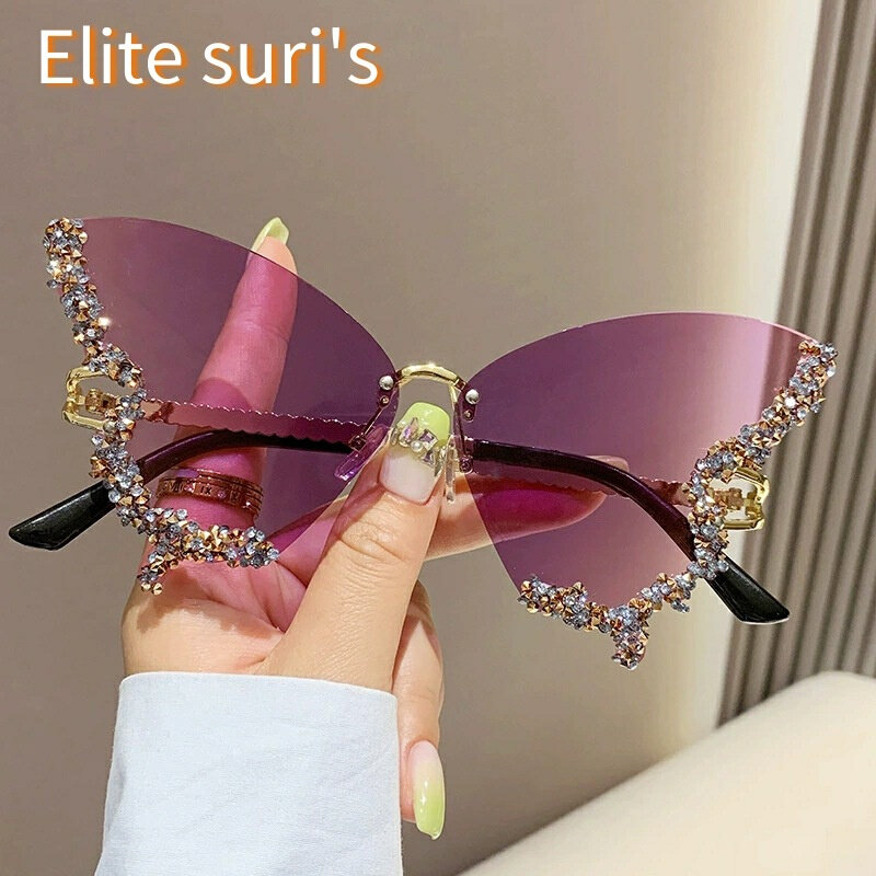 butterfly shaped diamond rimless sunglasses for women太阳镜