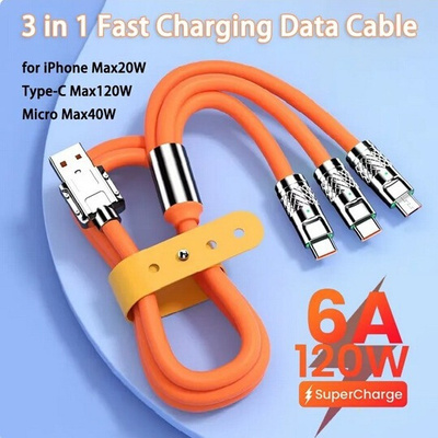 120W 6A 3in1 Fast Charging Cable 适用iPhone type c USB Cable